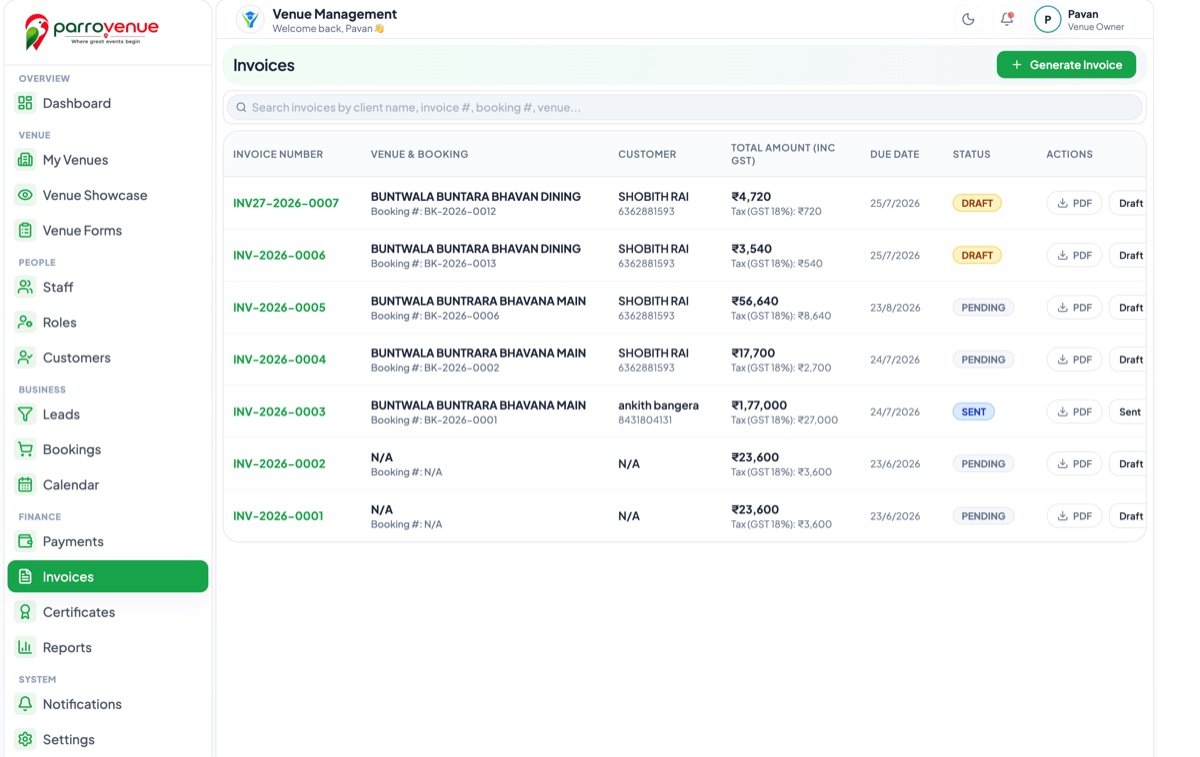 ParroVenue Invoicing & Automated Document Generator Preview