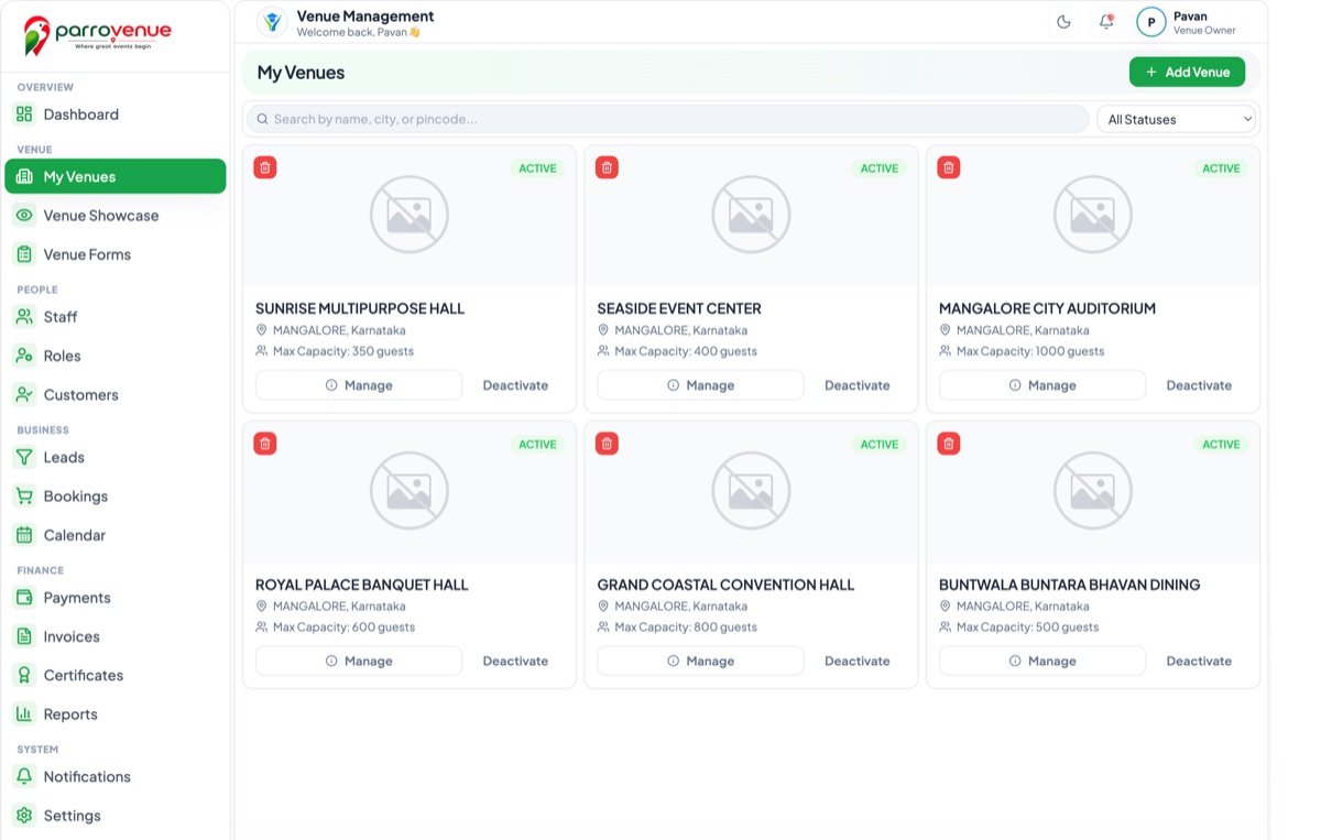 ParroVenue Setup & Facilities Management Overview